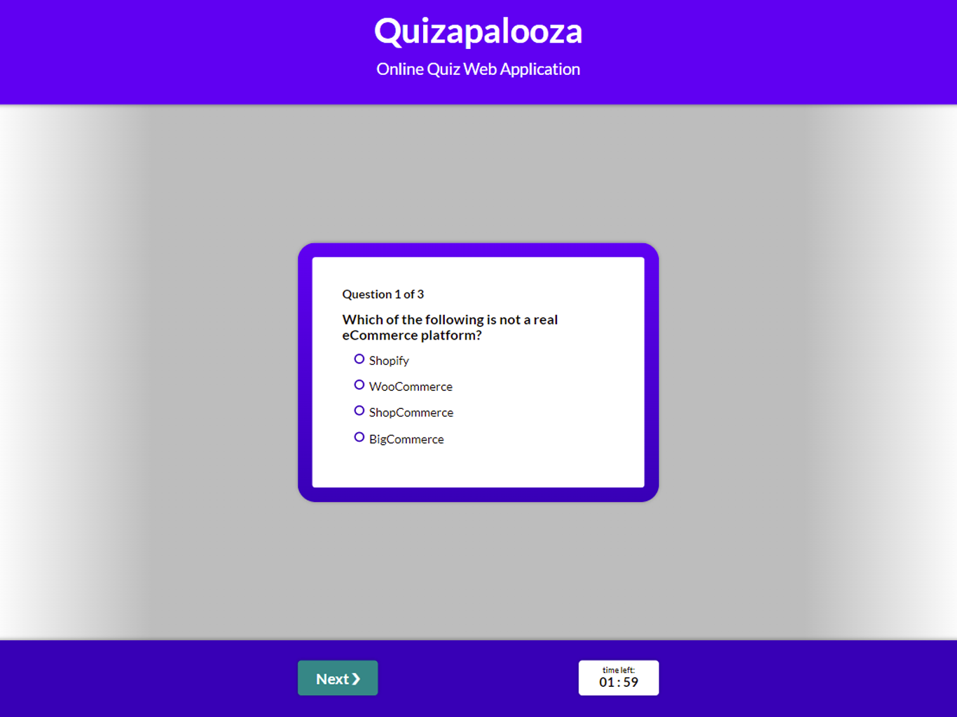 Display of webpage for an online eCommerce quiz application titled, 'Quizapalooza'.