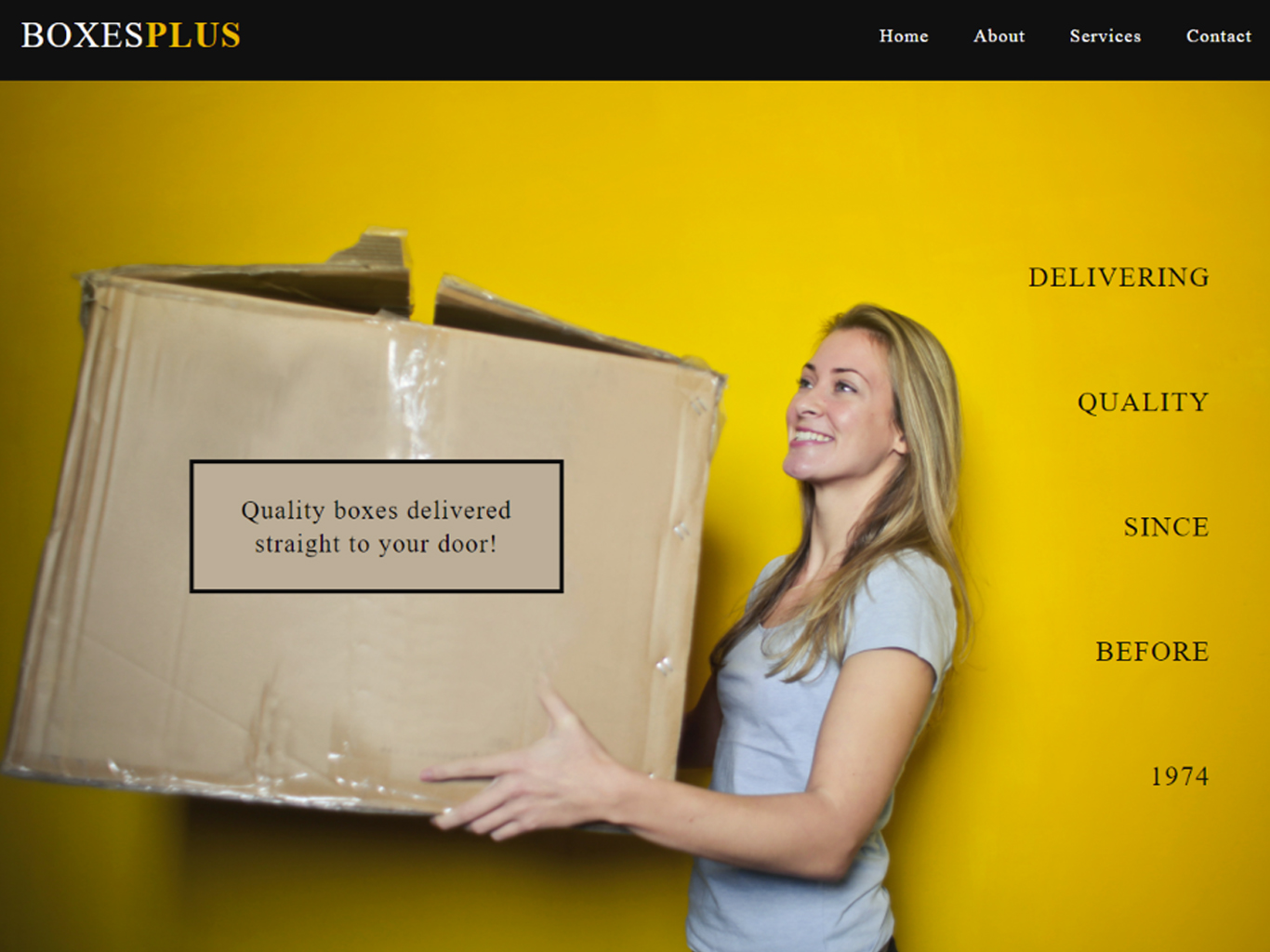A webpage display for a fictional delivery service company called Boxes Plus; there is a woman smiling while holding a large cardboard box.