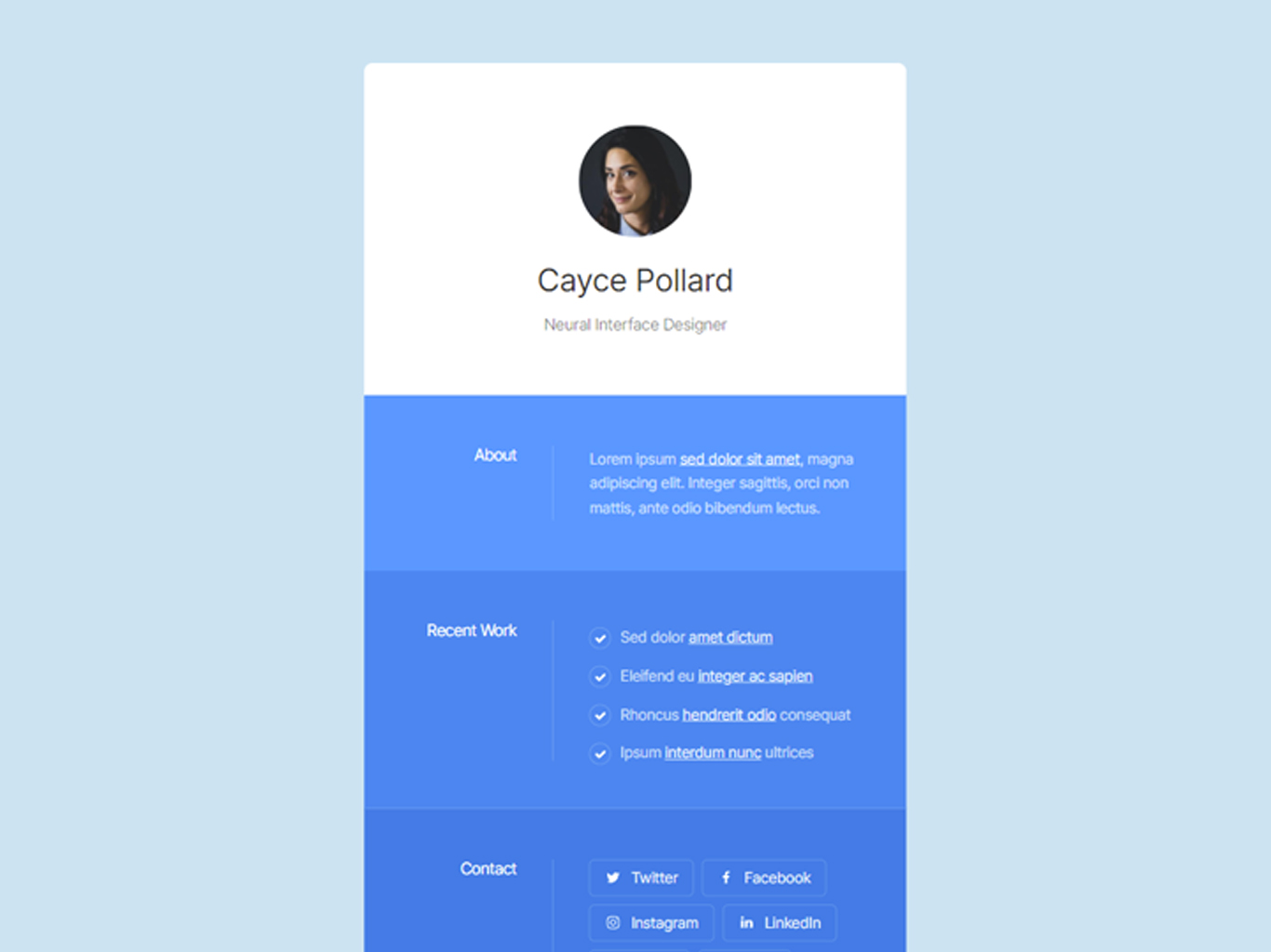 Minimilistic Resume Website for for a fictional woman named Cayce Pollard.