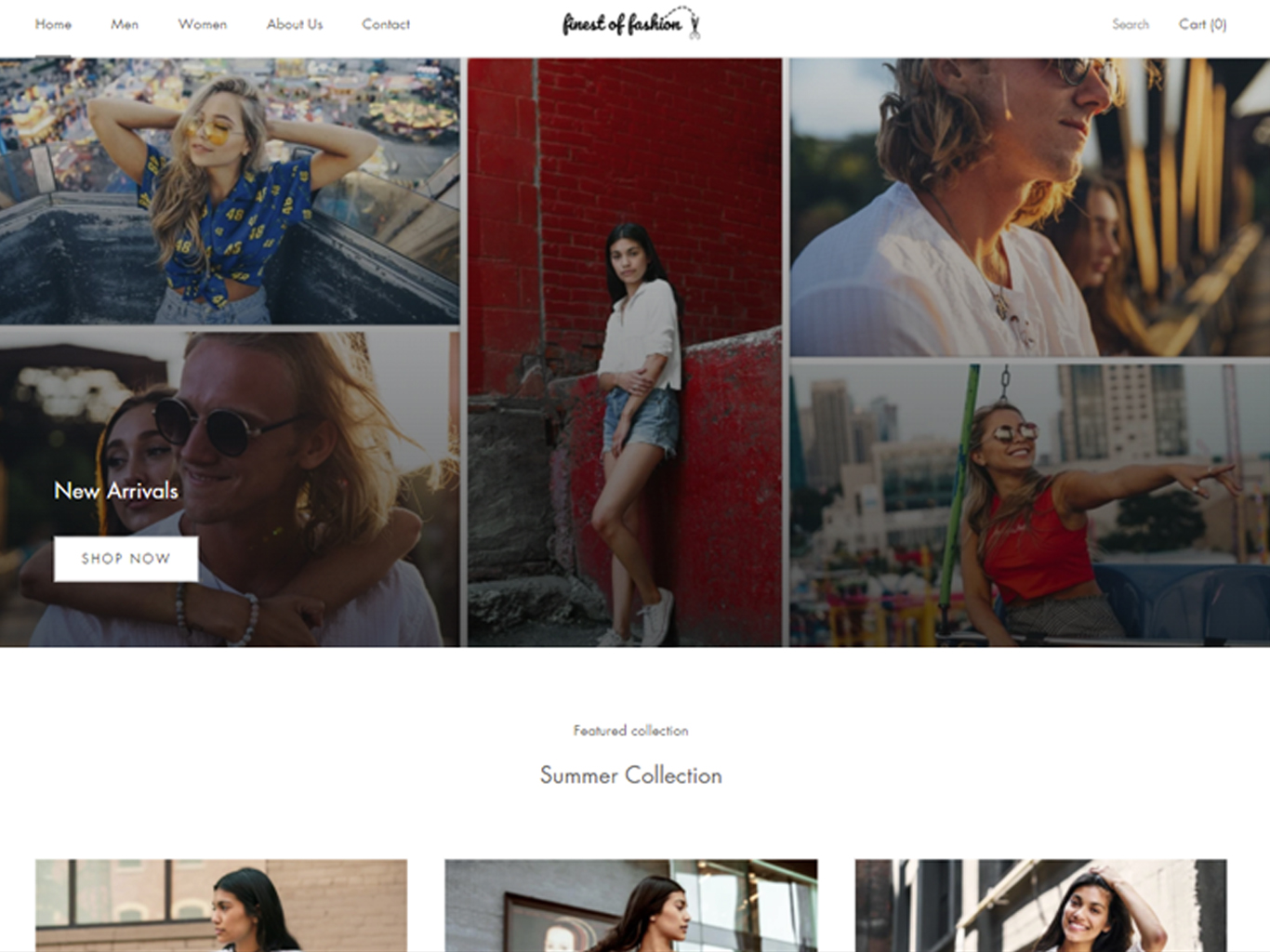 Display of homepage for fictional store, Finest of Fashion, on Shopify.