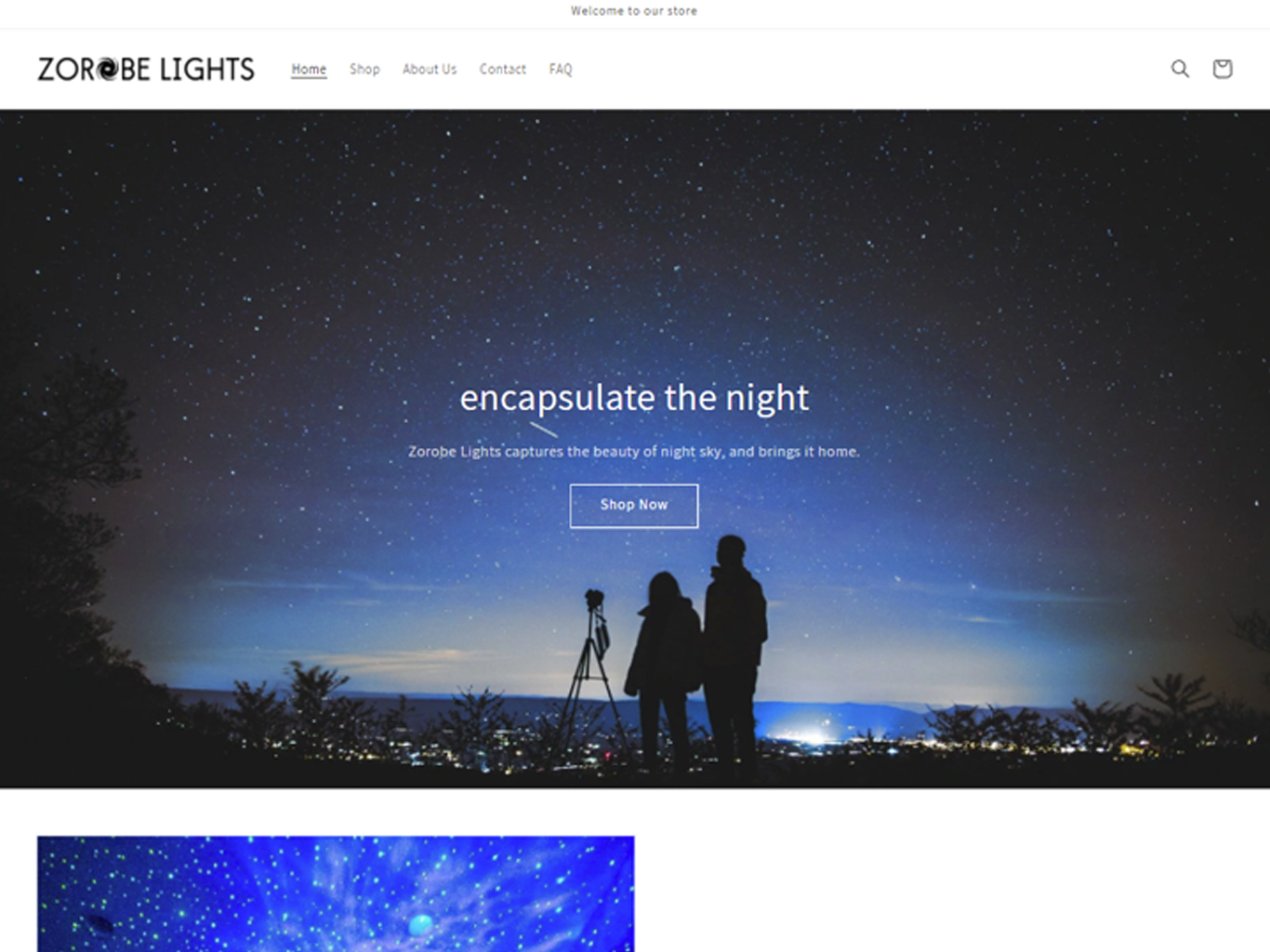 Display of homepage for fictional store, Zorobe Lights, on Shopify.