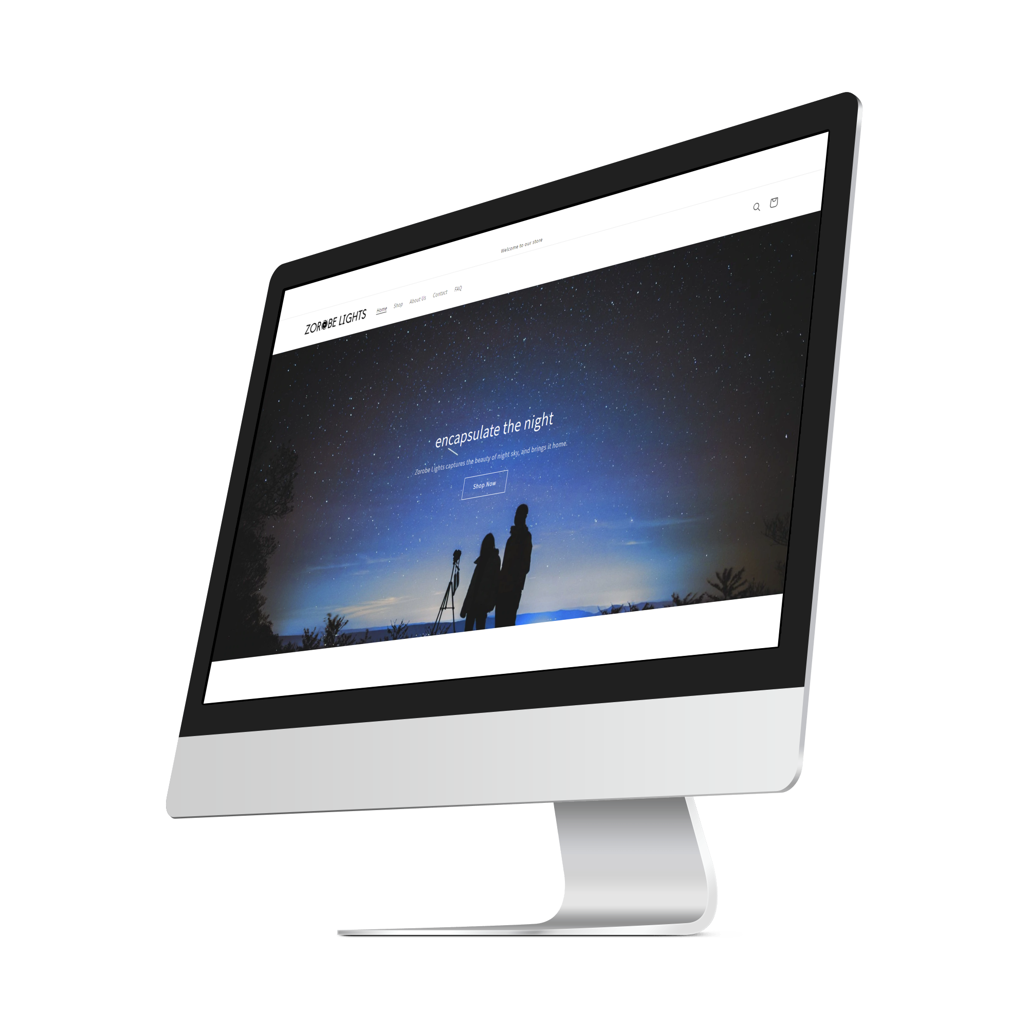 Landing page for Zorobe Lights Shopify Store displayed on a Mac desktop monitor.