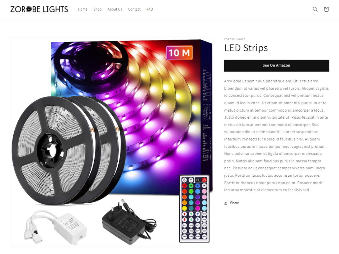 Display of L.E.D. Colored Light Strip affiliate product page on Zorobe Lights Shopify store.