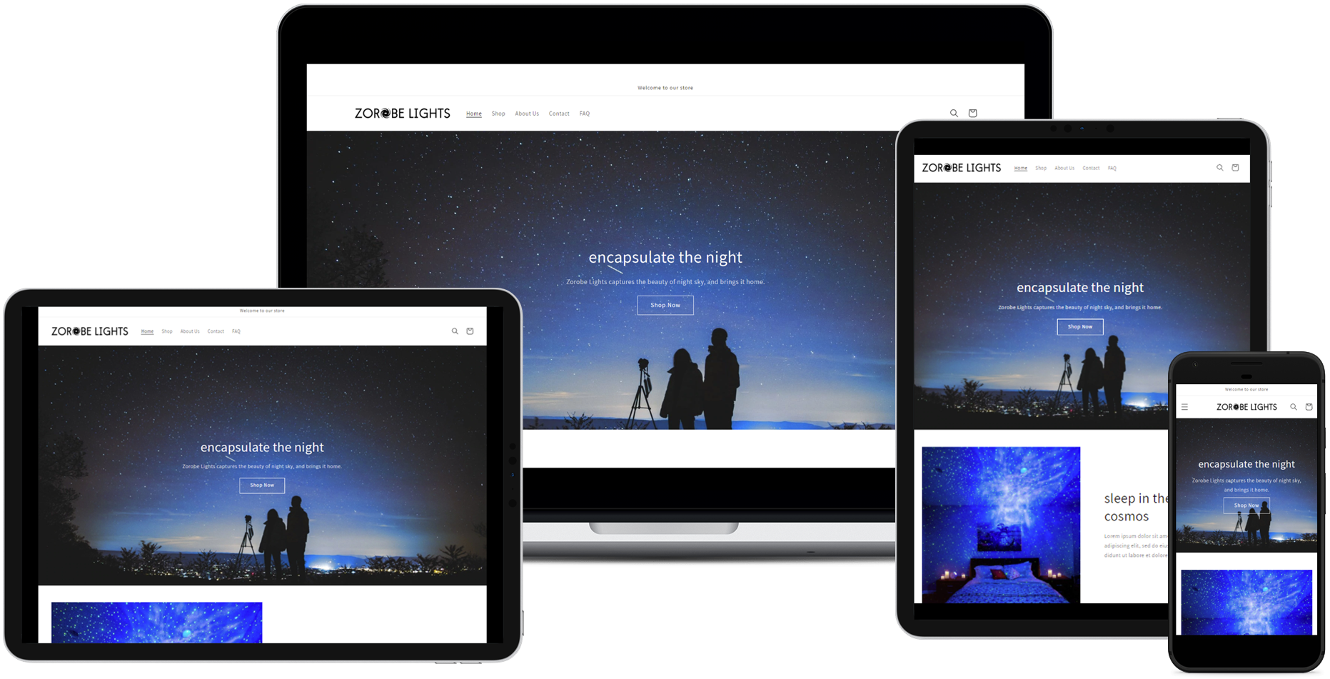 Landing page for Zorobe Lights Shopify Store displayed on four devices; in order from left to right: Ipad Pro in landscape orientation, 13-inch Macbook Pro, Ipad Pro in portrait orentation, Google Pixel 2.