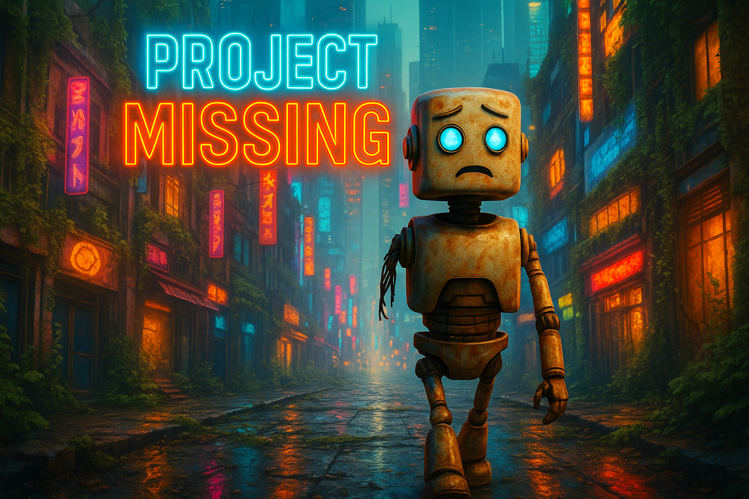 Movie poster of a sad, broken, weathered robot with a missing arm in a beaufiul cyberpunk city. The poster reads "Missing Project".